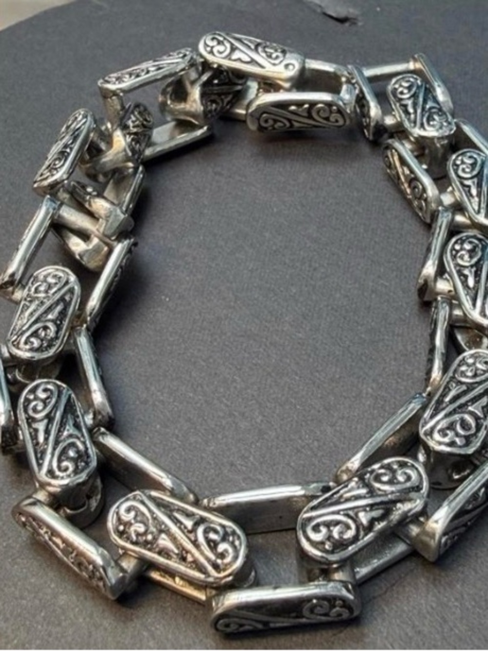8” Vintage-Inspired Silver Link Bracelet with Ornate Scrollwork